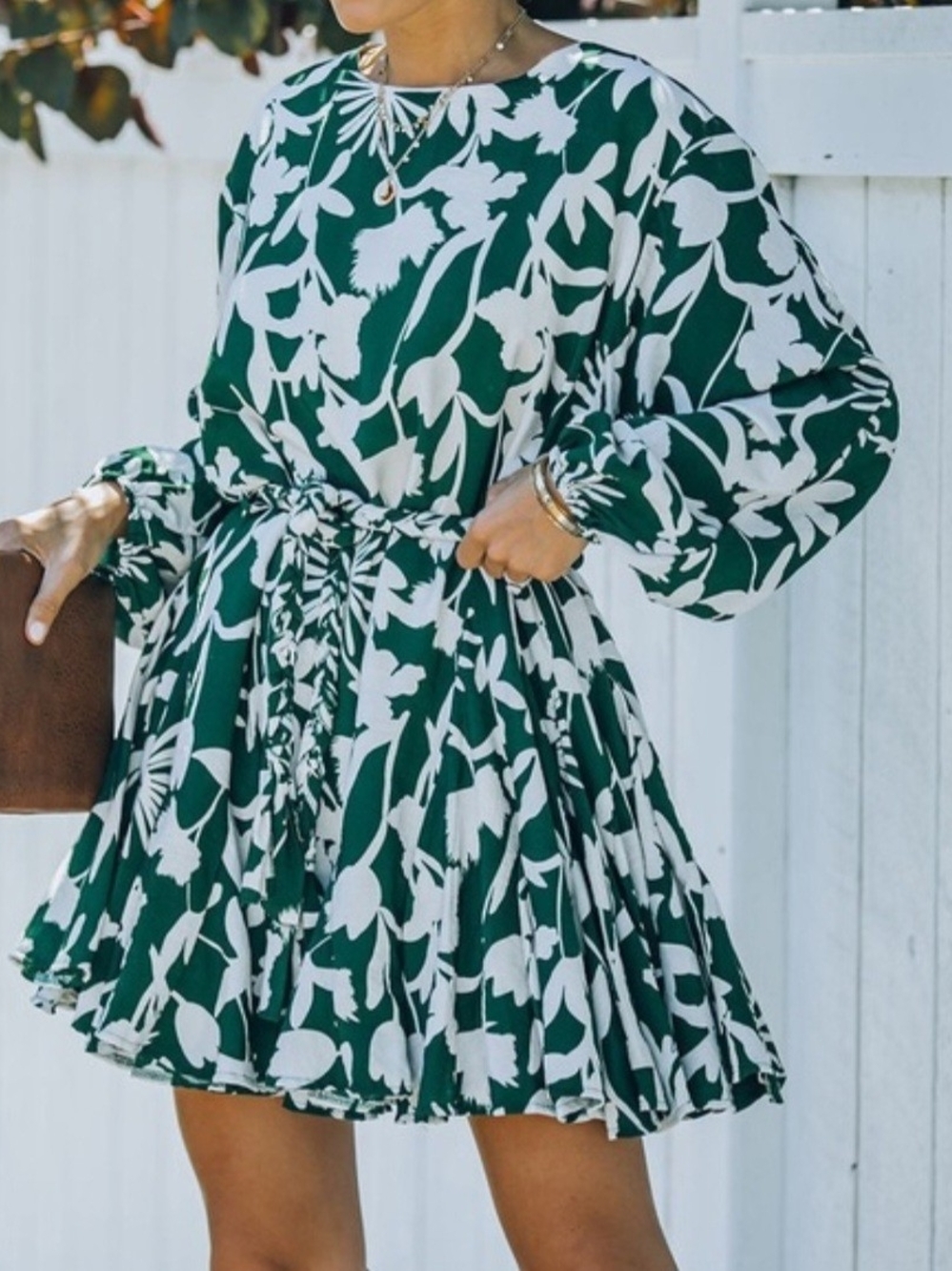 Just Me Green & White Floral Mini Fit-and-Flare Dress